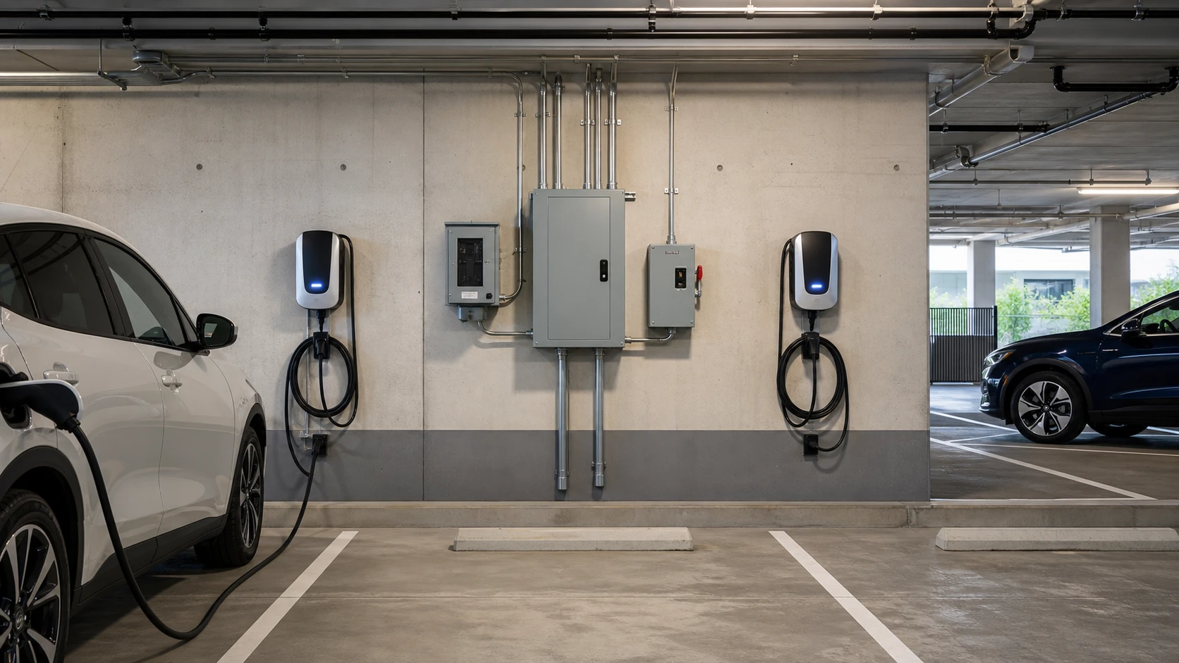 Shared Level 2 EV chargers with load management equipment installed for a Minnesota HOA parking area.