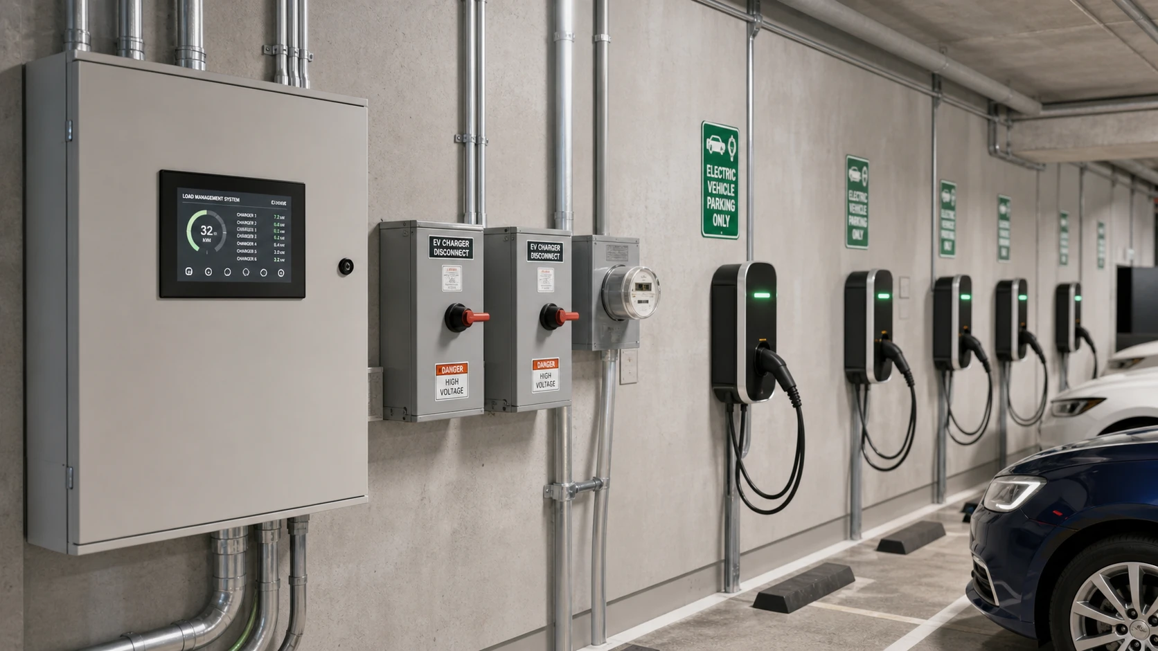 EV load management panel and shared Level 2 chargers for a Minnesota HOA parking garage.