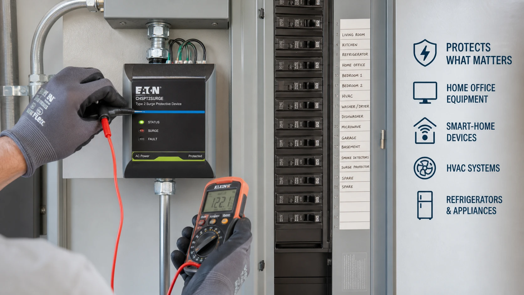 Residential whole-home surge protector installed beside an electrical panel to protect appliances and electronics in a Twin Cities home.