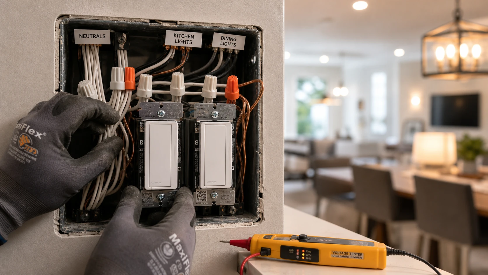 Electrician installing smart switches with neutral wiring for whole-home lighting control in a Minnesota home.