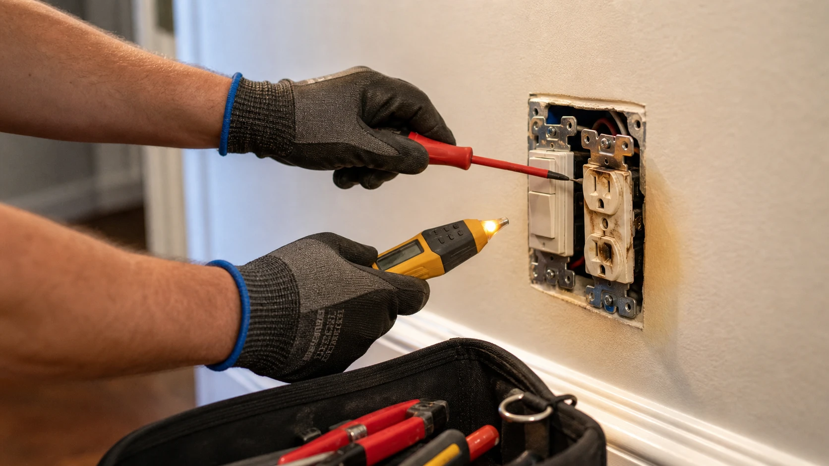 Electrician’s gloved hands testing a damaged wall outlet during an emergency electrical repair.