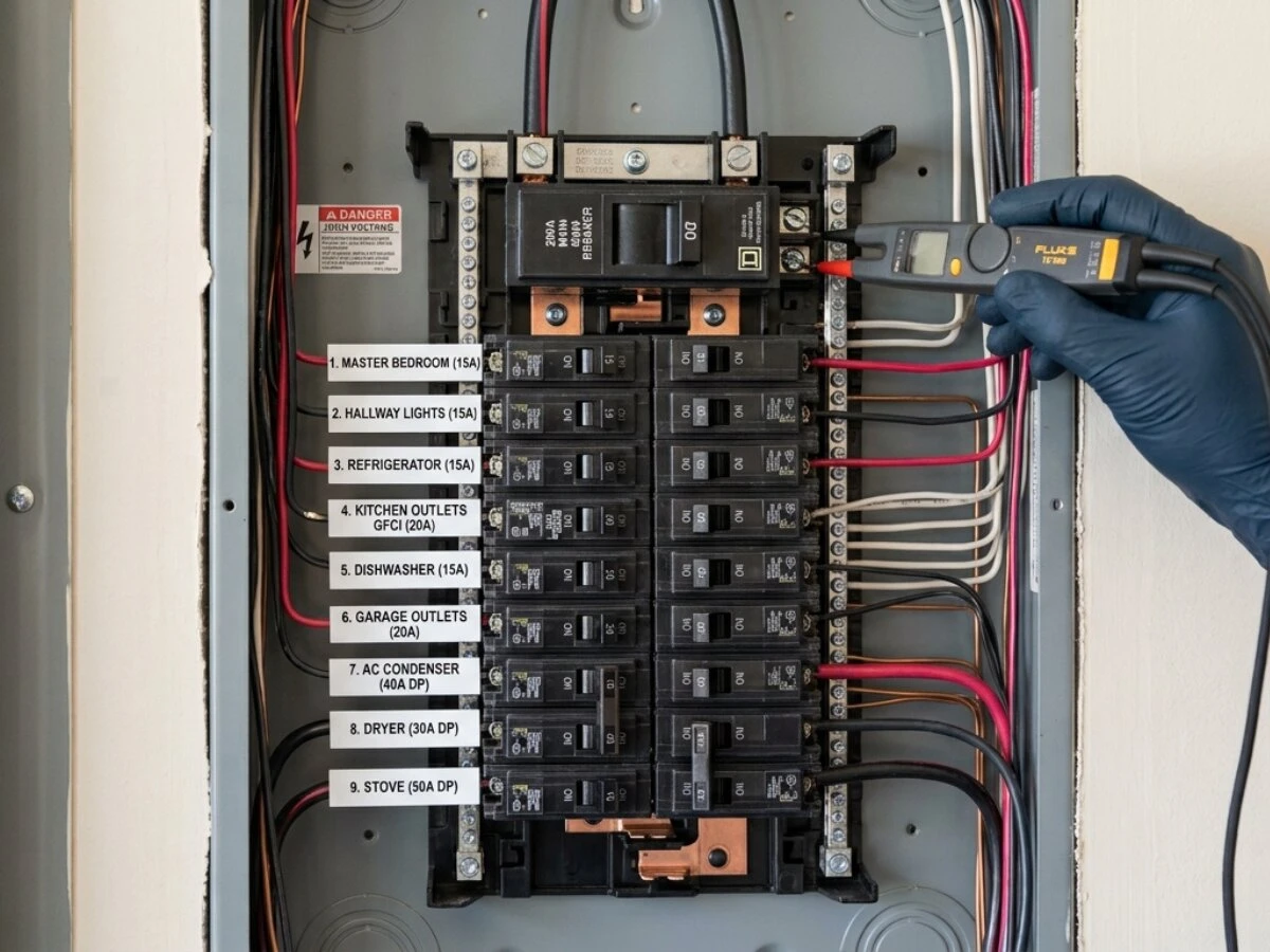 Residential electrical service panel showing circuit breakers during a safety inspection.