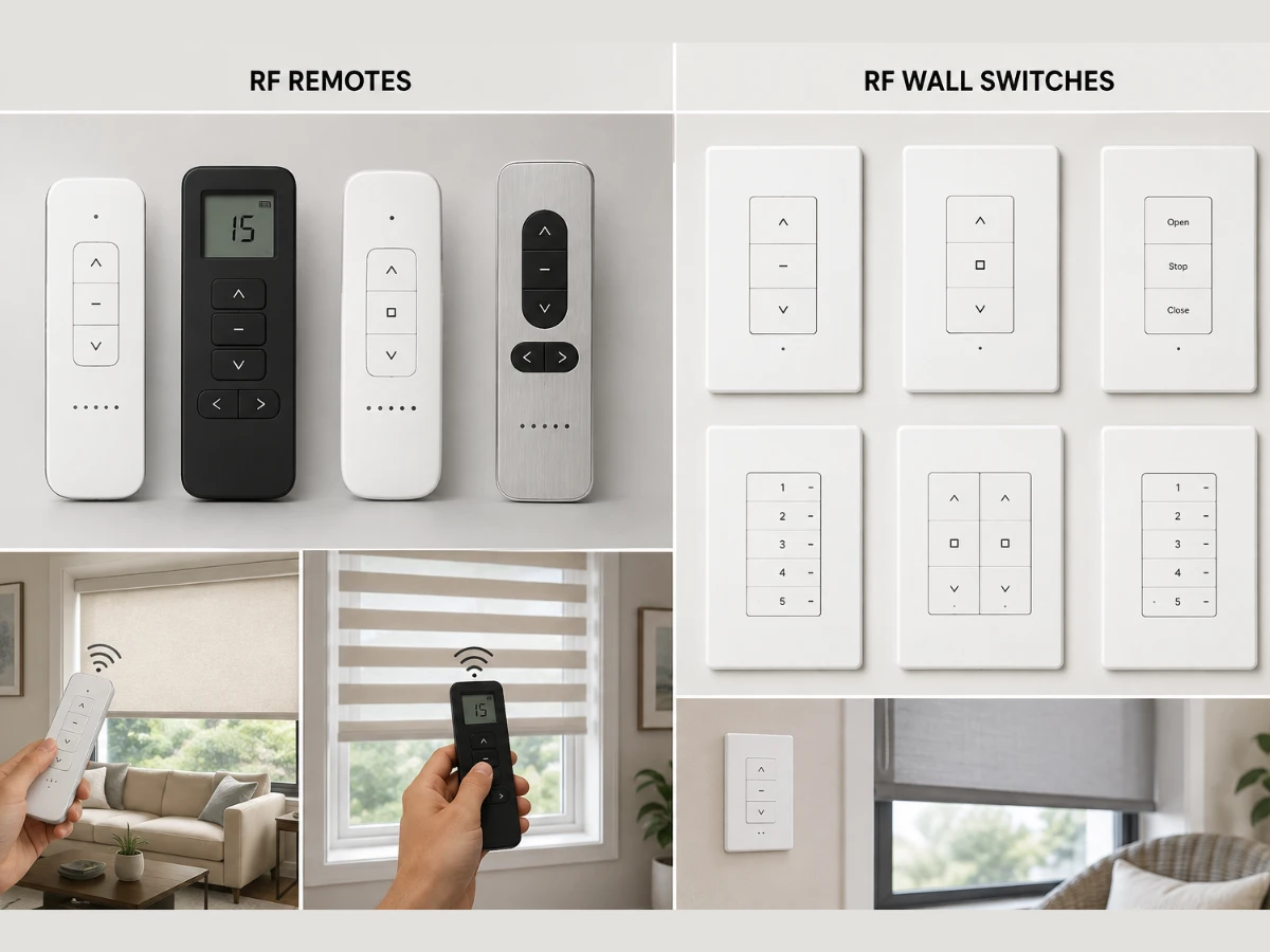 Images showing RF remotes and wall switches to control motorized blinds
