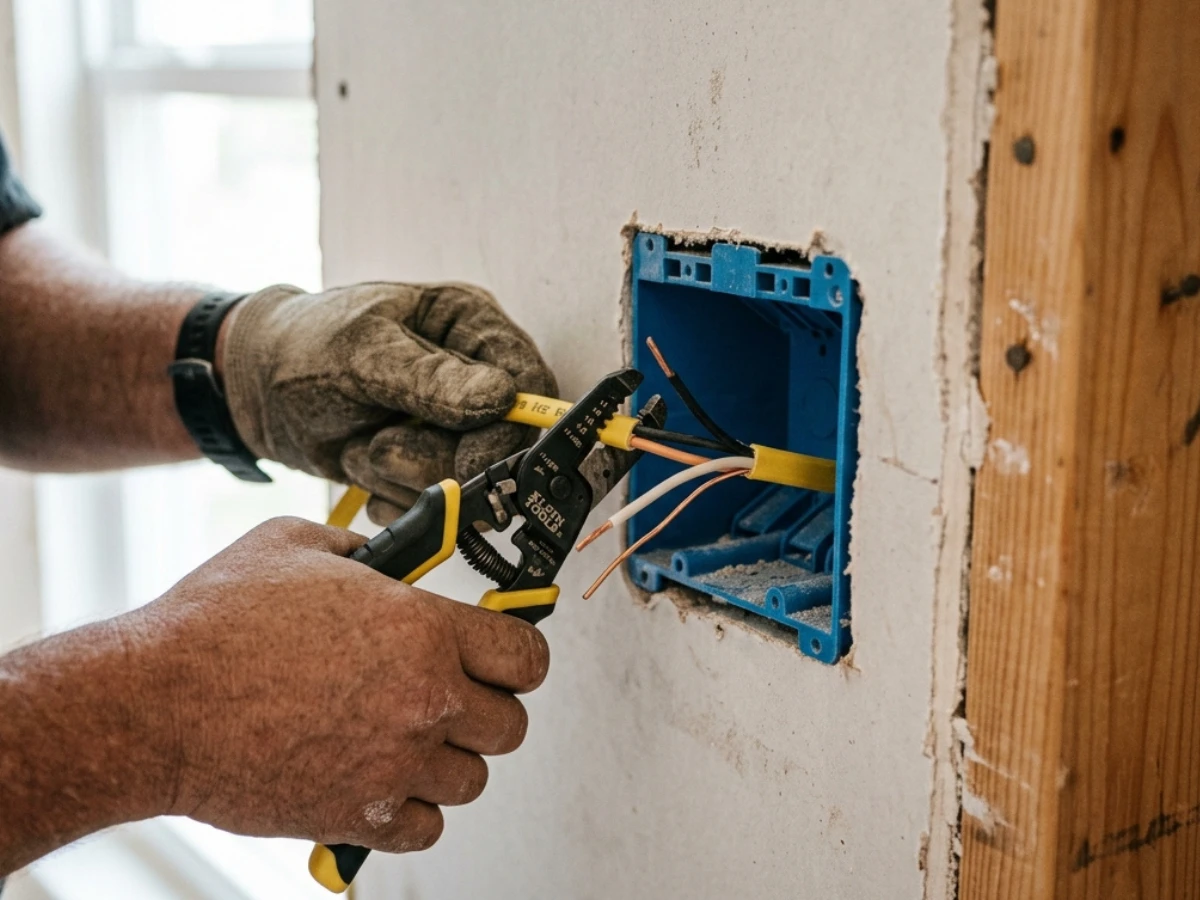 An electrician preparing NM-B electrical wiring inside a newly cut drywall opening for a wall switch box