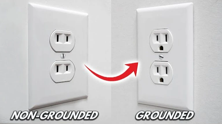 Side-by-side comparison of an ungrounded two-prong outlet and a modern three-prong GFCI outlet. Two-prong outlets are common in older homes and don’t provide grounding, while three-prong outlets with GFCI protection meet today’s safety standards.