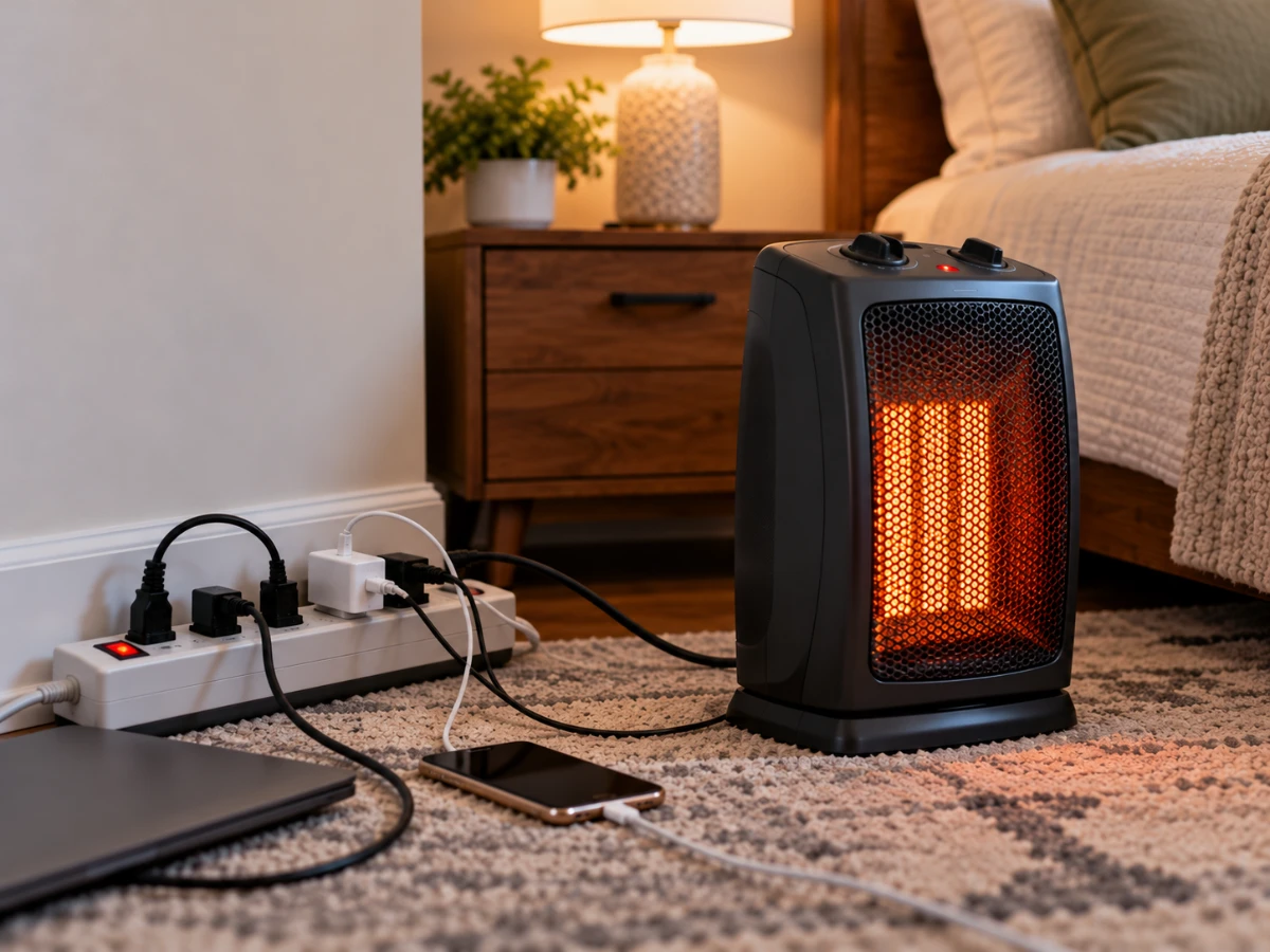 Image of a space heater plugged into a power strip that has multiple devices plugged in