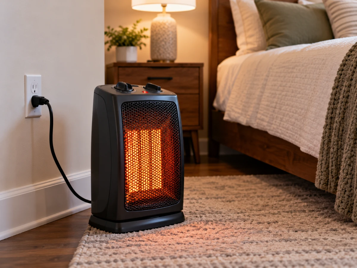 Image of a space heater plugged into a wall outlet in a bedroom
