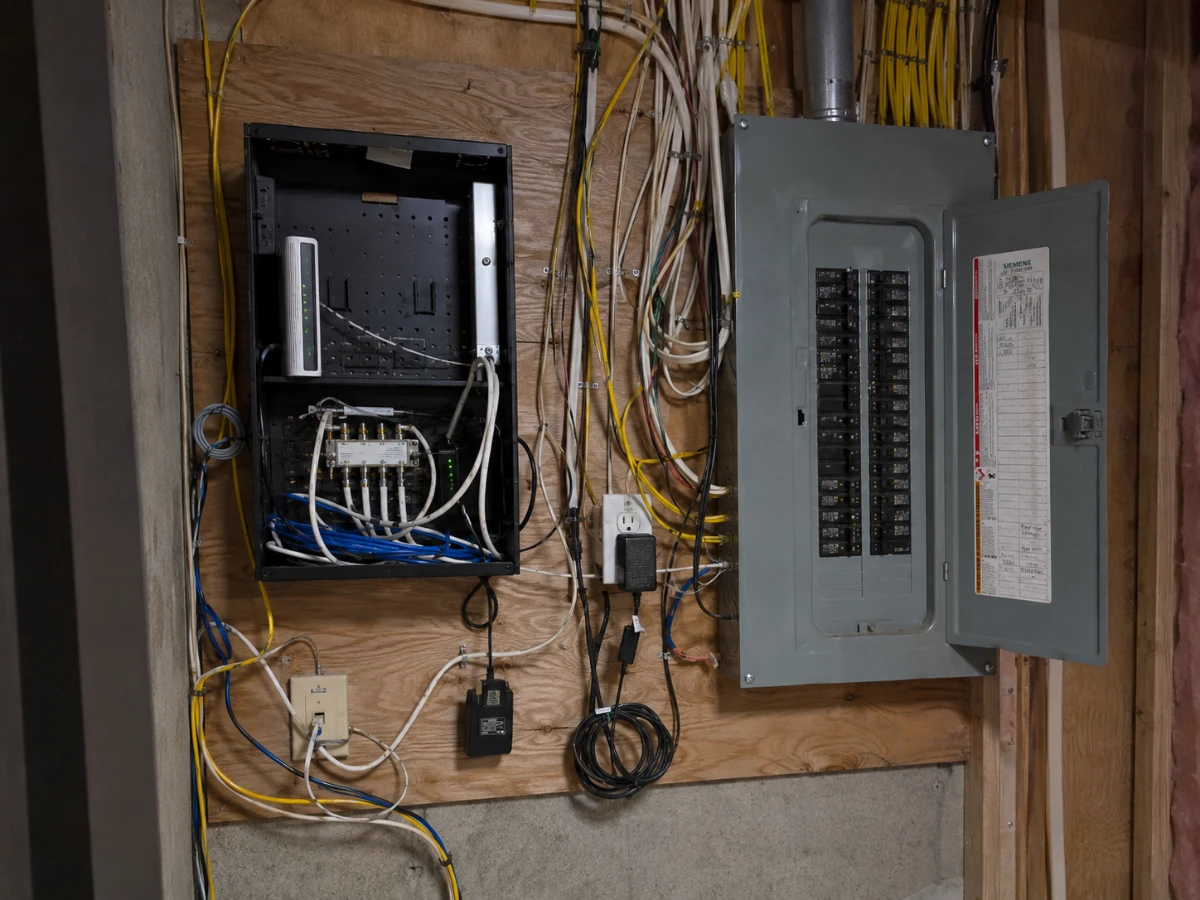 Structured home wiring with Ethernet, coaxial and electrical cables being organized in a residential utility area