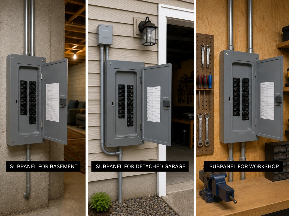 Images showing subpanel for basement, detached garage, workshop