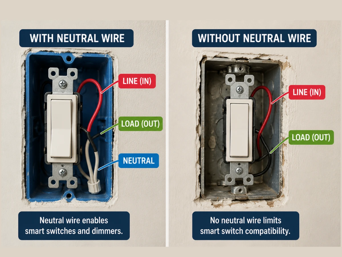 Images of older switch box without neutral wire and modern switch box with neutral wire