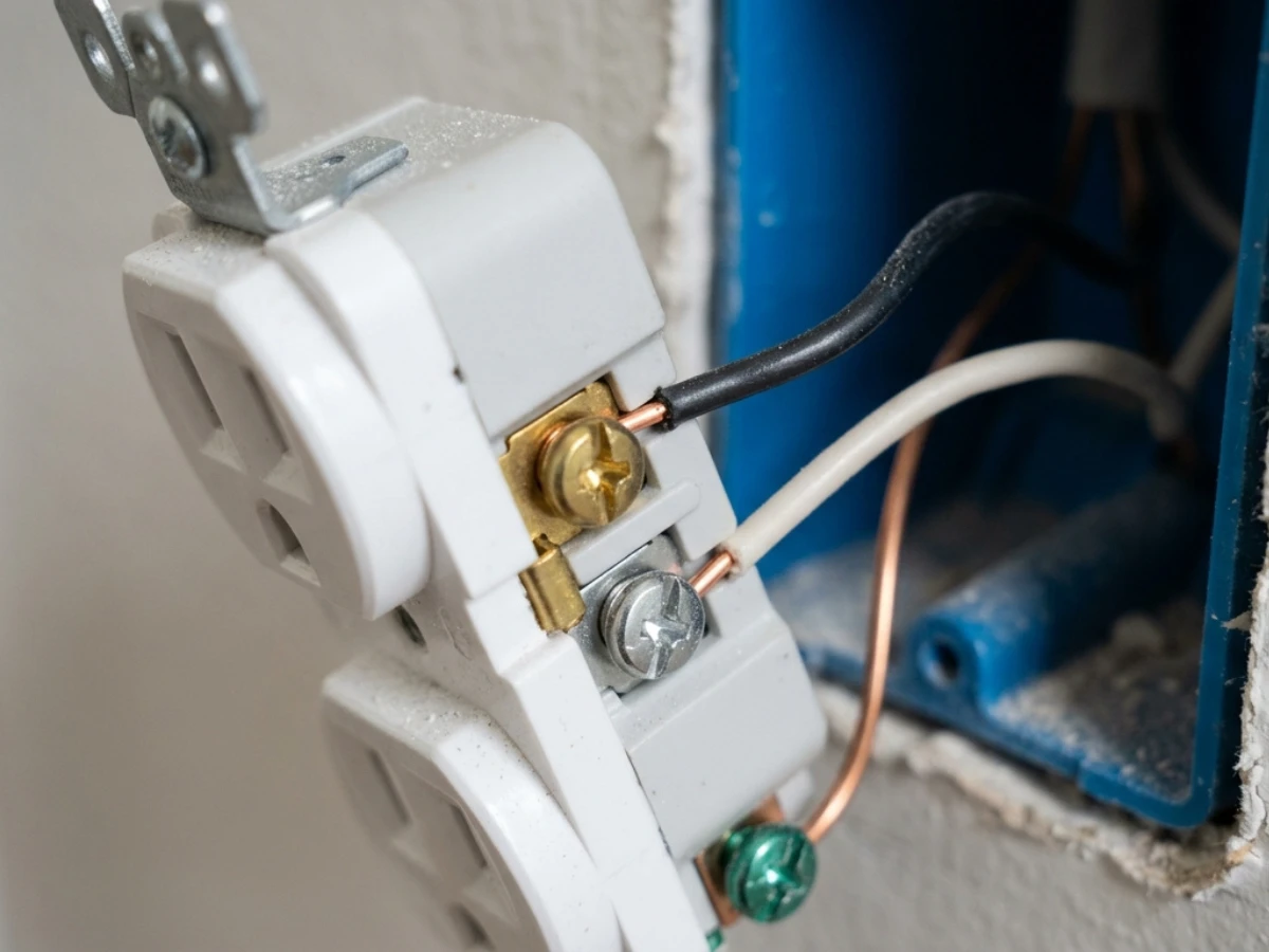 An image of a home electrical wall switch that has been pulled out from the wall box that is damaged by loose backstabbed wiring.