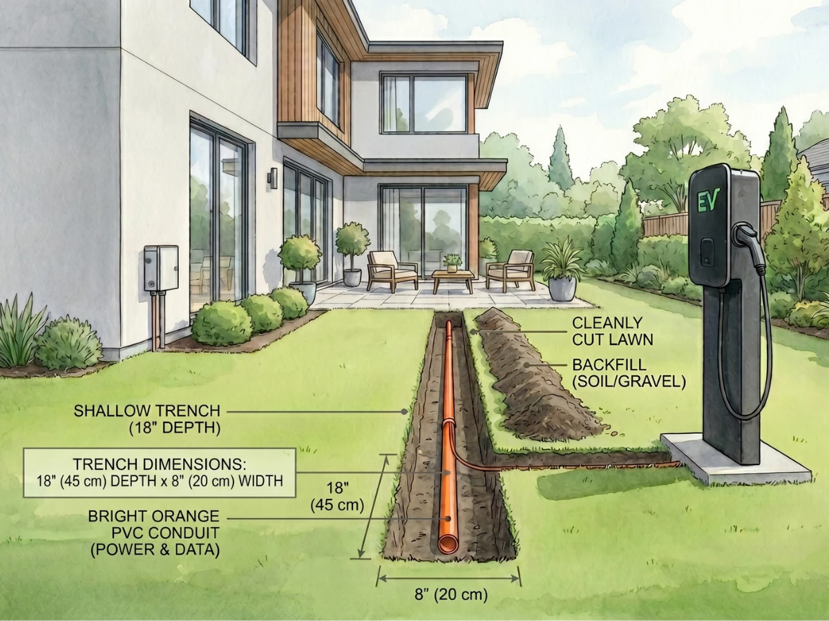 Illustration showing the trenching for an outdoor EV charger