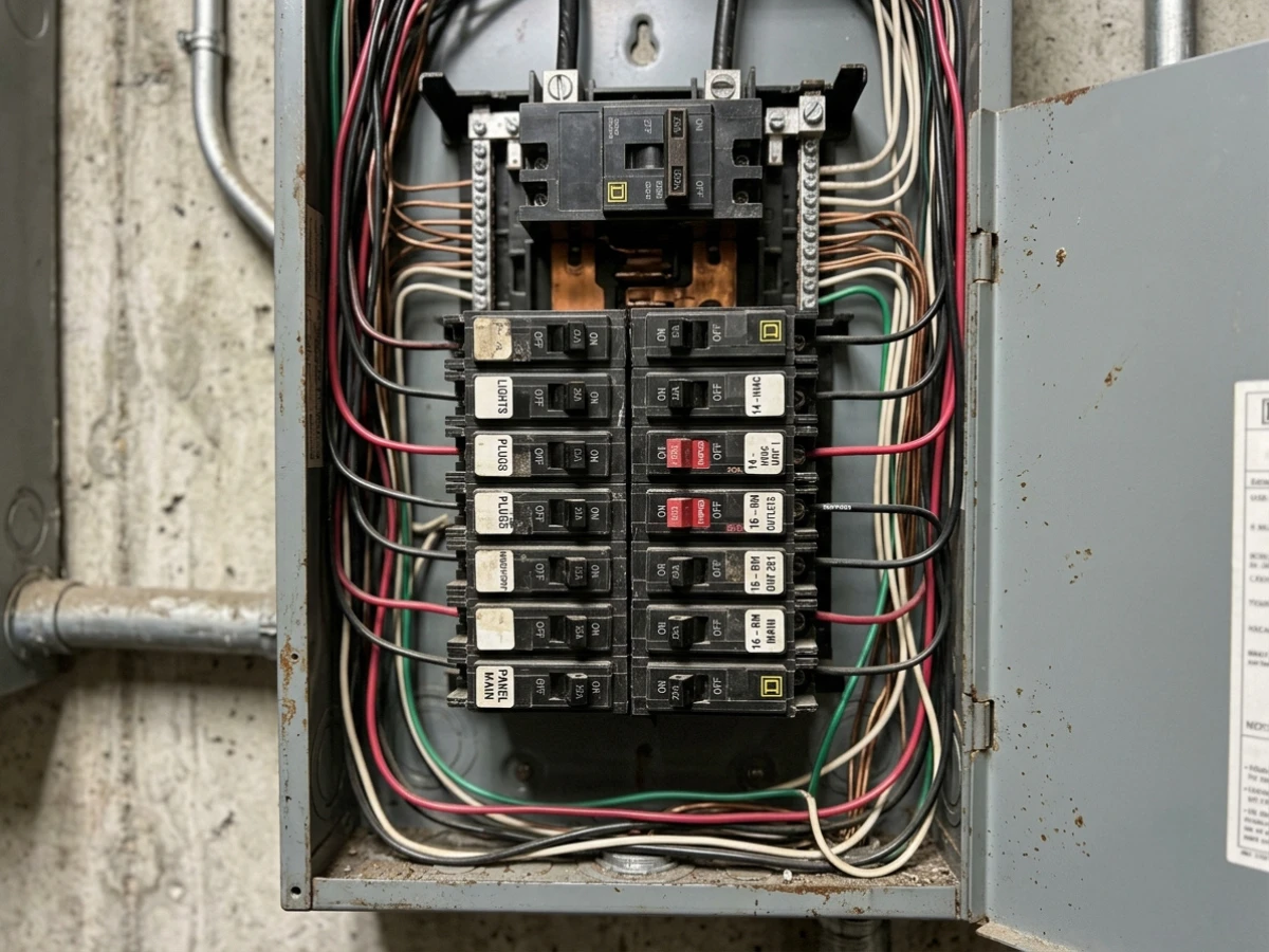 Image of tripped circuit breakers in an electrical panel