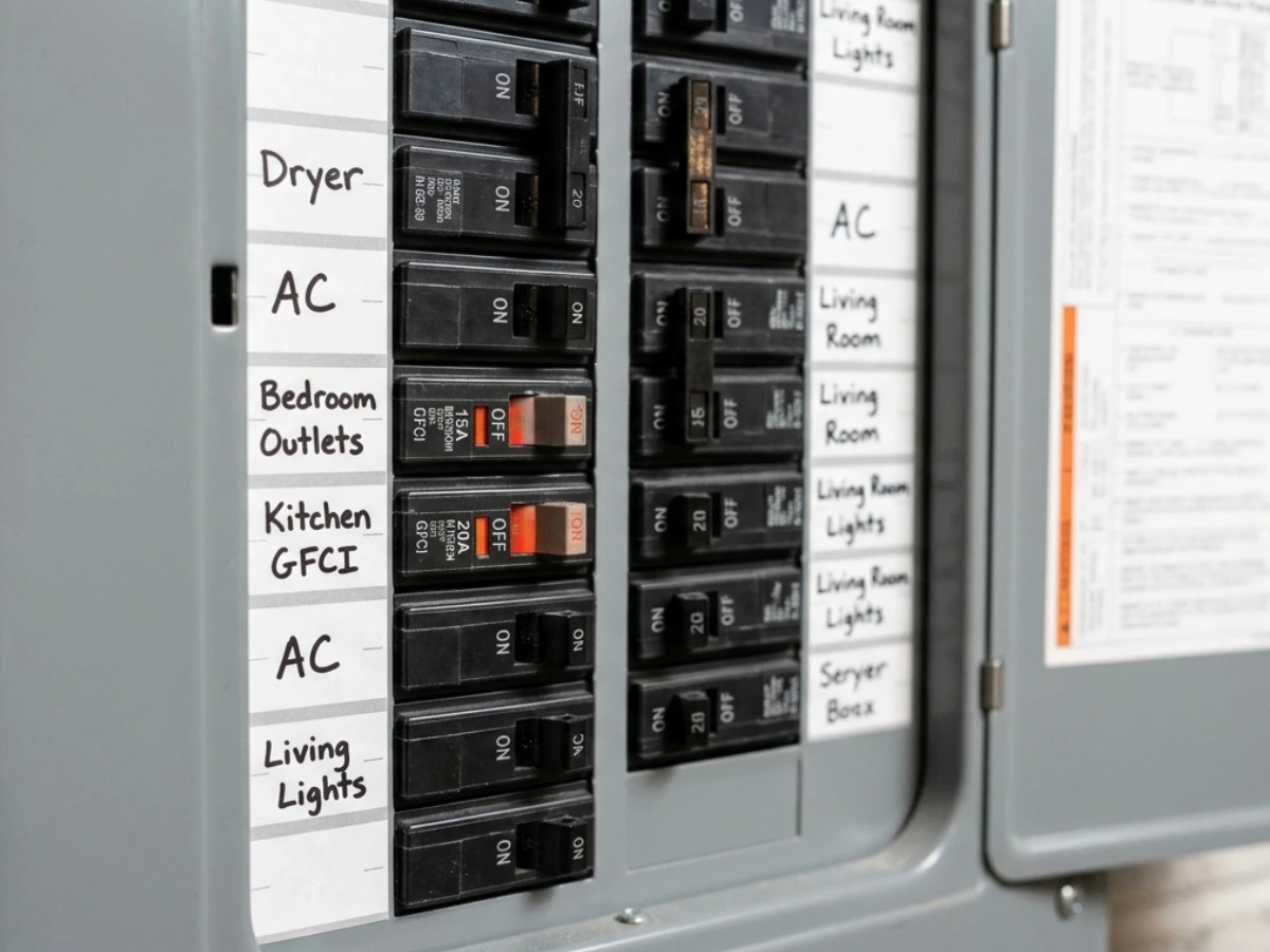 Image of tripped circuit breakers at the electric panel