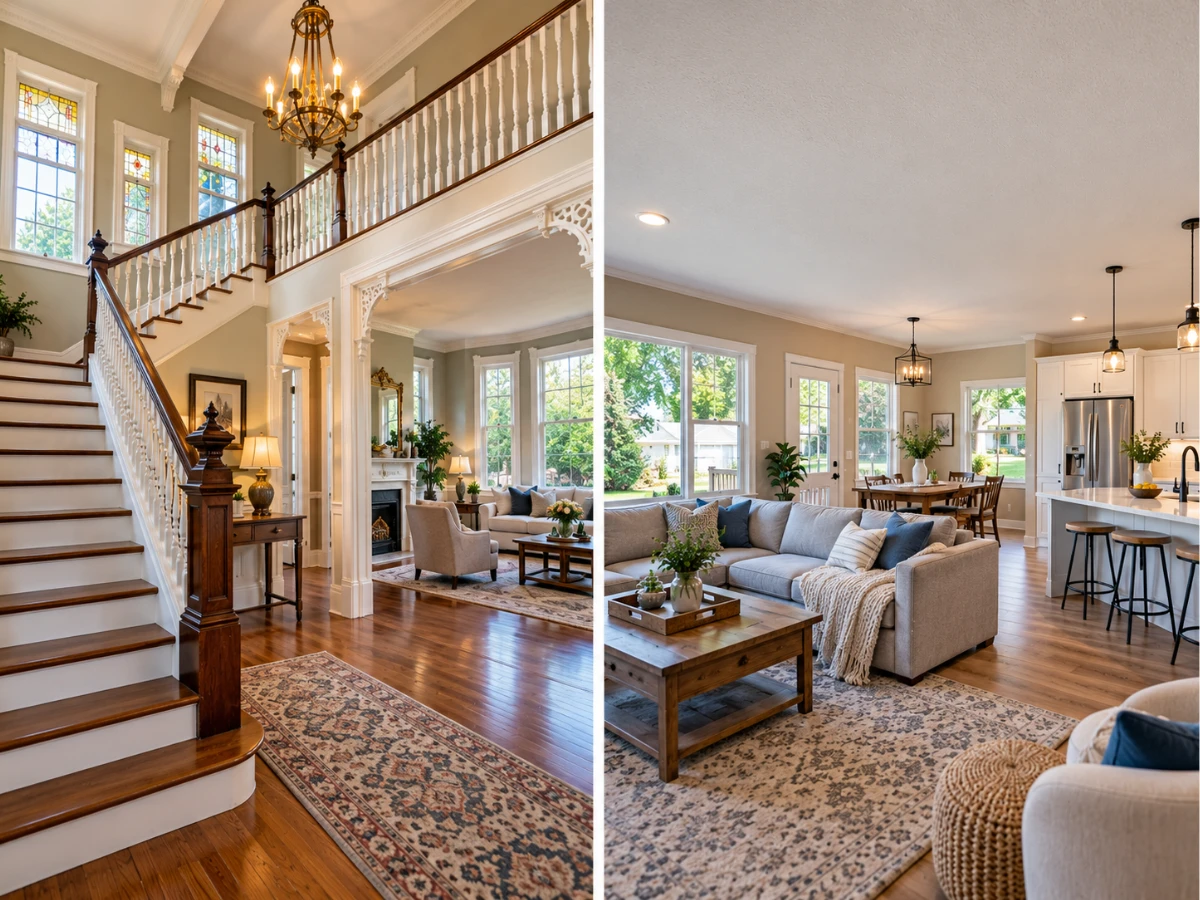 Images of two-story Victorian home interior and one-story rambler home interior