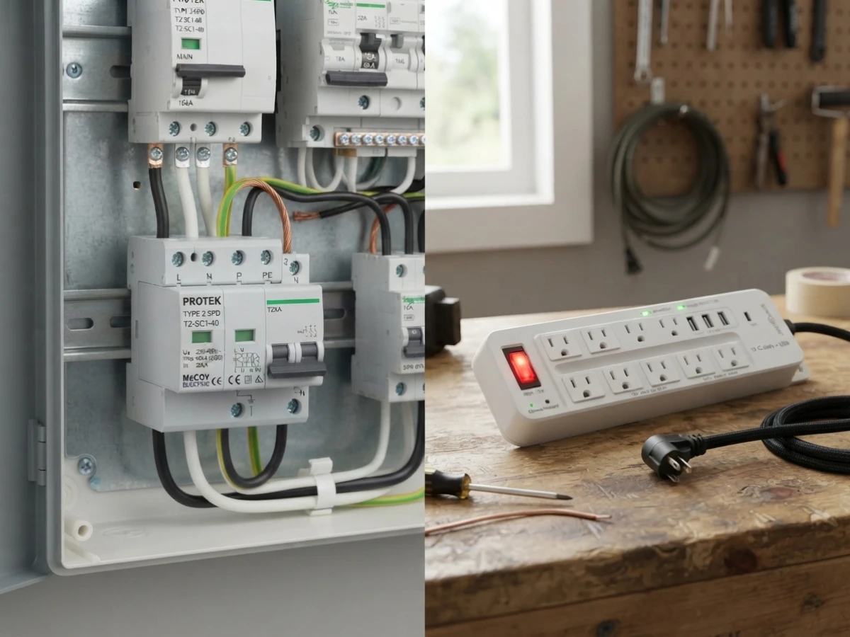 Images of whole-home surge protector and surge protector power strip