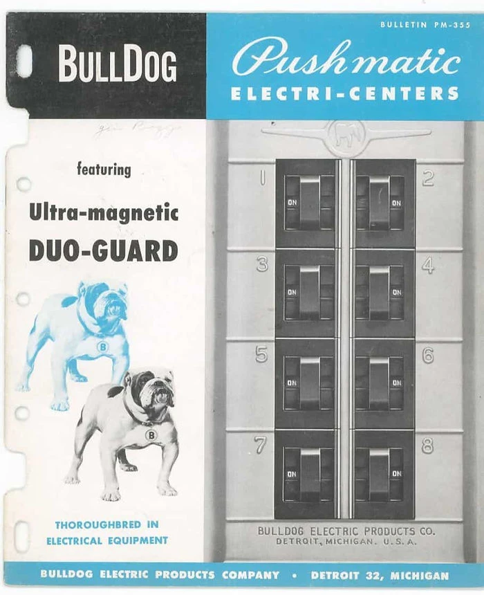 Vintage ad for Pushmatic Electri-Centers by Bulldog Electric Products. Once innovative, these panels are now considered outdated and lacking modern safety features.