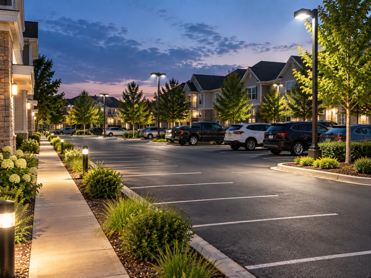 Well-maintained HOA parking area illuminated by evenly spaced exterior lights.