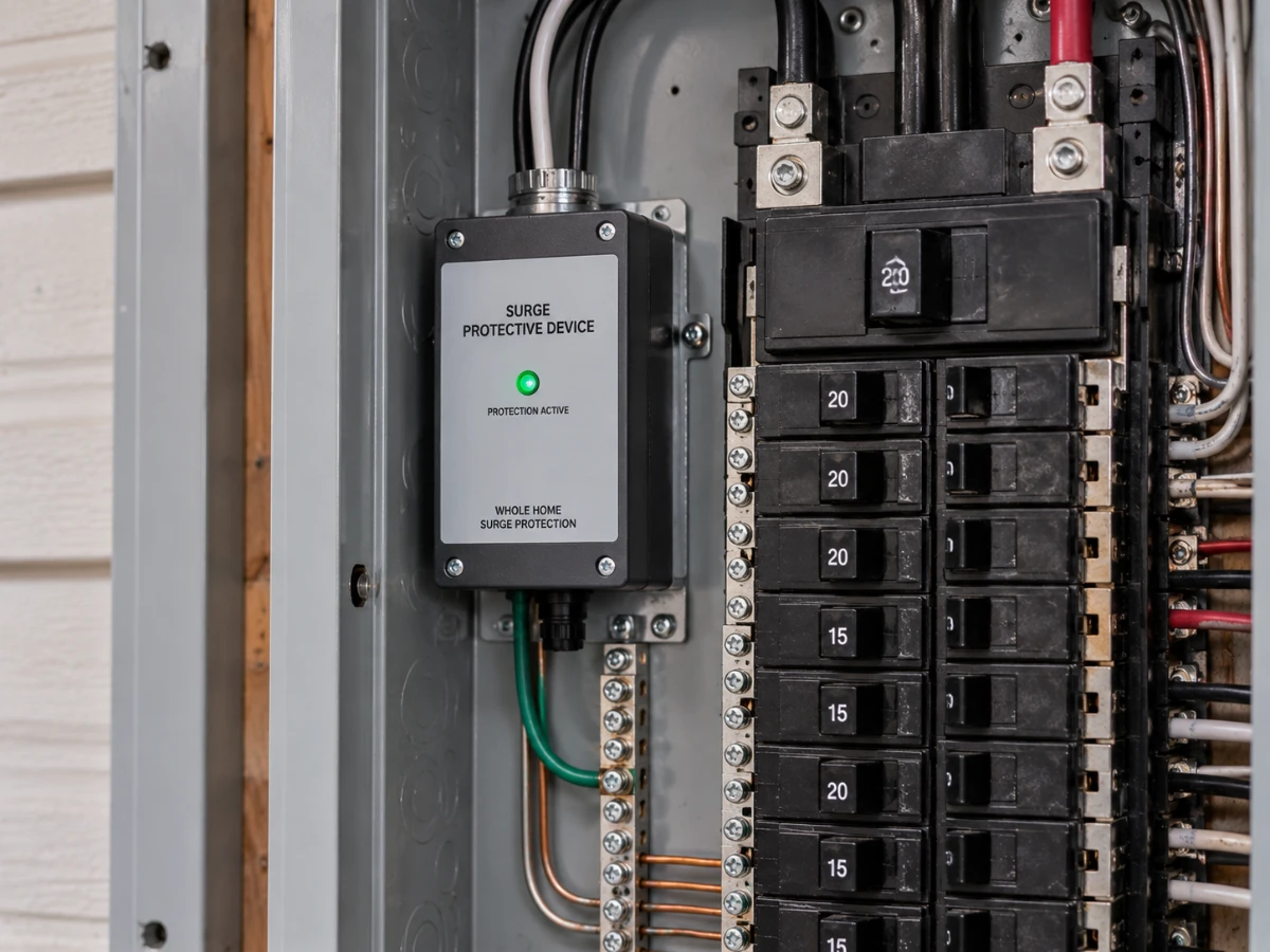Image of a whole-home surge protector installed at the panel