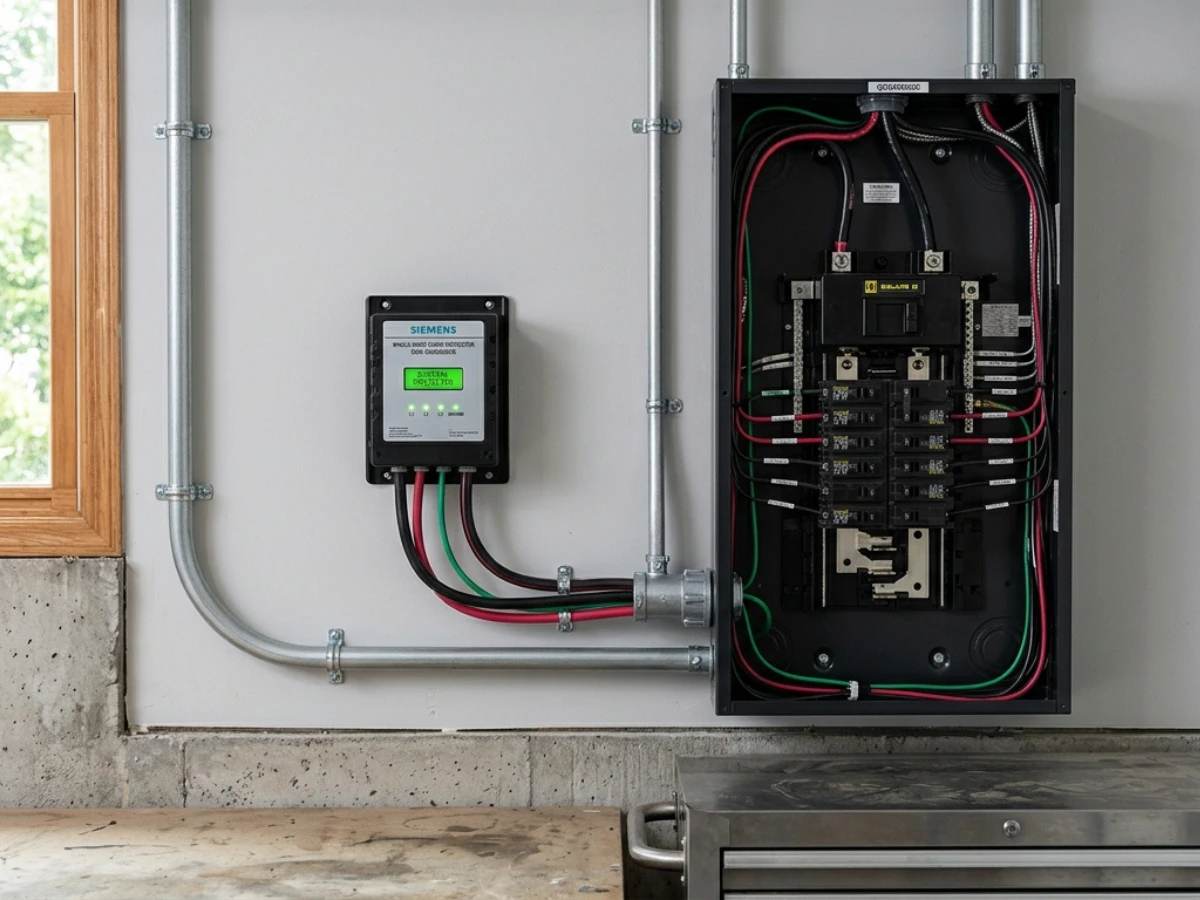 Image of a whole-house surge protector unit installed at the electrical panel